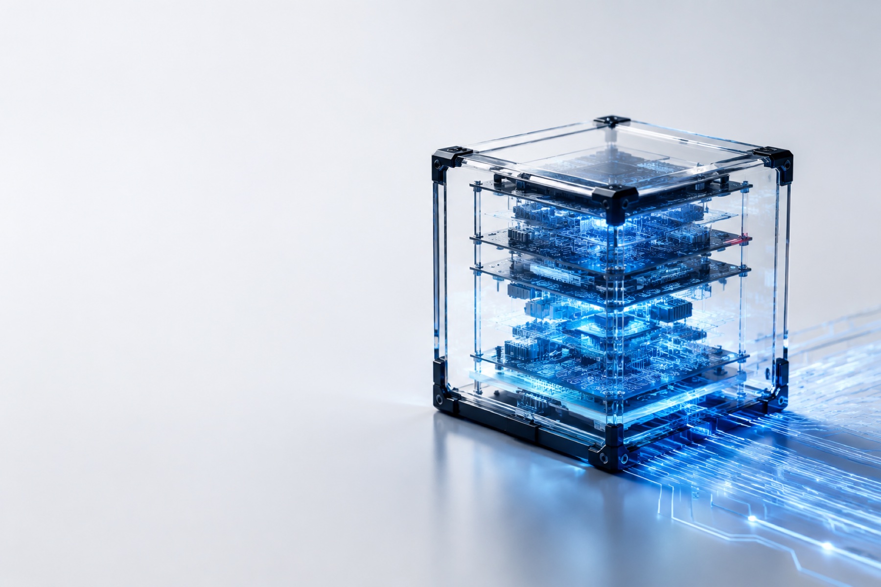 Núcleo digital transparente con circuitos azules y conexiones de luz.